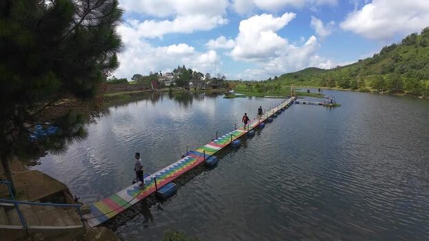 Aerial view of Rawa Gede Jonggol Lake and bridge Indonesia.