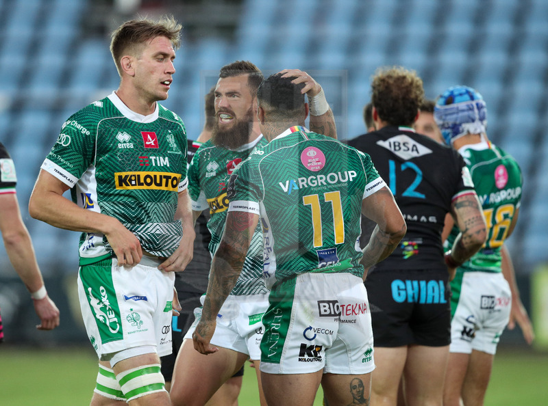 Guinness PRO14 Rainbow Cup 2020-2021, Parma, Stadio Lanfranchi, 7//05/2020, Zebre vs Benetton. Jayden Hayward festeggia con Federico Ruzza e Monty Ioane. Foto: Roberto Bregani/Fotosportit