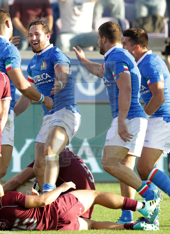 Cattolica Test Match 2018, Firenze, stadio Artemio Franchi 10/11/2018, Italia v Gorgia, Michele Campagnaro festeggiato dopo la meta. Daniele Resini/Fotosportit