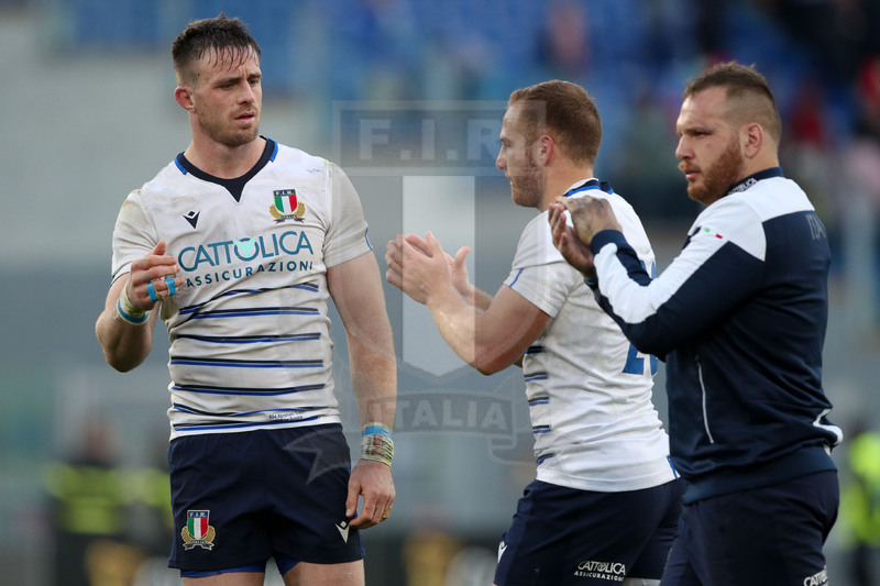 Guinness Sei Nazioni 2020, Round 3, Roma, Stadio Olimpico, 22/02/2020, Italia v Scozia. Abraham Steyn conGiulio Bisegni e Andrea Lovotti a fine partita. Foto Roberto Bregani/Fotosportit