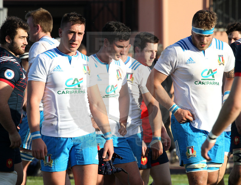 RBS Sei Nazioni 2017, Capoterra (Cagliari), stadio Santa Rosa 10/03/2017, Italia U20 v Francia U20, la delusione degli Azzurri al fischio finale. Foto Daniele Resini/Fotosportit.