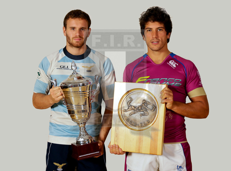 Milano, Sede Rai 06/10/2015, presentazione del Campionato di Eccellenza, i capitani di Lazio e Fiamme Oro, Carlo Filippucci e Giovanni Massaro, con i trofei.