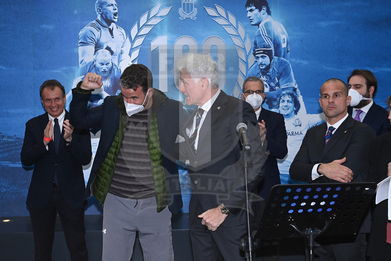 ROME, ITALY - MARCH 12: Marco Zennaro and Marzio Innocenti attend the Centurion Test Cap ceremony before the Guinness Six Nations Rugby match between Italy and Scotland at Stadio Olimpico on March 12, 2022 in Rome, Italy. (Photo by Tullio Puglia - Federugby/Getty Images)