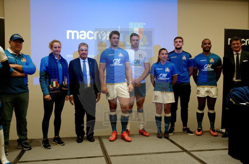 Milano, presentazione del nuovo sponsor tecnico Fir, Milano, NHOW Hotel 03/07/2017, Andrea Di Giandomenico, Isabella Locatelli, il Presidente federale Alfredo Gavazzi, Francesco Minto, Bram Steyn, Maria Magatti,Edoardo Padovani, Maxime Mbandà e Gianluca Pavanello, ad di Macron. Foto Daniele Resini/Fotosportit