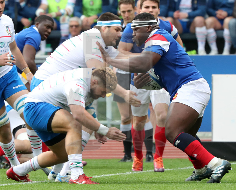 Guinness Sei Nazioni 2019, Round 5, Roma, stadio Olimpico 16/03/2019, Italia v Francia, Sisi e Pasquali su Demba Banba. Foto Daniele Resini/Fotosportit