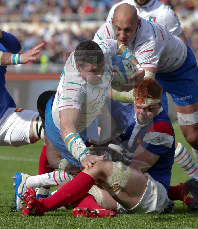Guinness Sei Nazioni 2019, Round 5, Roma, Stadio Olimpico, 16/03/2019, Italia v Francia. Sebastian Negri placcato da Felix Lambey. Foto Roberto Bregani/Fotosportit