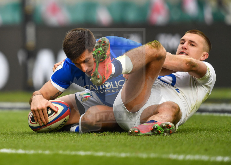 Guinness Sei Nazioni 2021, Round 2, Londra, Twickenham 13/02/2021, Inghilterra v Italia, la meta di Tommaso Allan su Slade. Foto Graig Thomas/Fotosportit