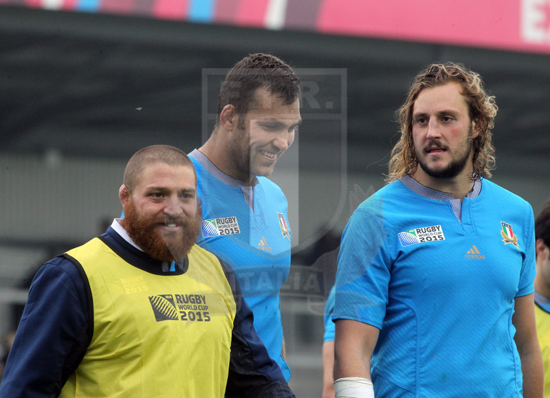 Rugby World Cup 2015, Pool D, Exeter 11/10/2015, Italia v Romania, Aguero, Geldenhuys e Furno a fine partita. Foto Daniele Resini/Fotosportit