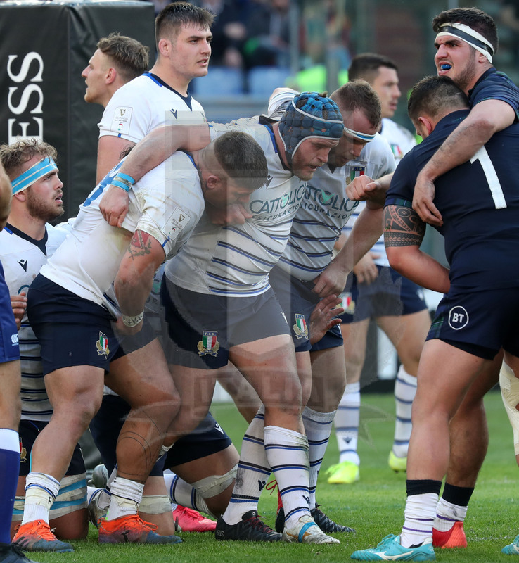 Guinness Sei Nazioni 2020, Round 3, Roma, Stadio Olimpico 22/02/2020, Italia v Scozia, Prima linea azzurra: Danilo Fischetti, Luca Bigi, Andrea Lovotti. Foto Daniele Resini/Fotosportit.