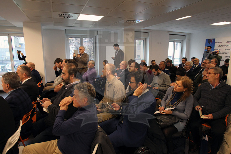 Milano, 19/12/2016, presentazione del derby fra Zebre e Benetton Treviso, i giornalisti e addetti presenti in sala.
