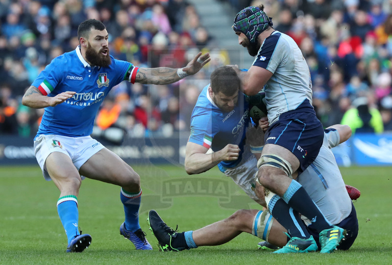 Guinness Sei Nazioni 2019, Round 1, Edimburgo, Murrayfield 02/02/2019, Scozia v Italia, placcaggio raddoppiato su Tommaso Castello. Hayward aiuta. Foto Daniele Resini/Fotosportit