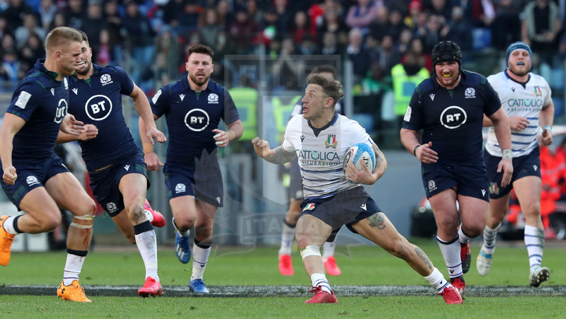 Guinness Sei Nazioni 2020, Round 3, Roma, Stadio Olimpico 22/02/2020, Italia v Scozia, Matteo Minozzi cambia direzione. Foto Daniele Resini/Fotosportit.