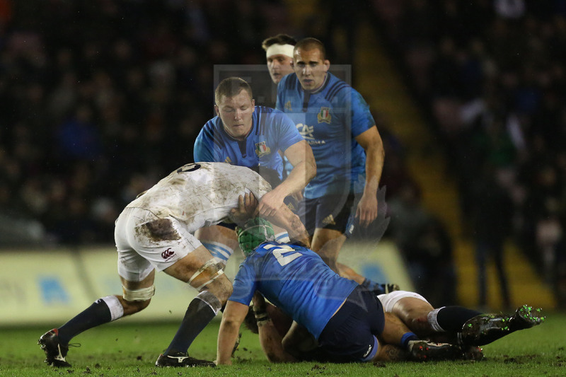 RBS Sei Nazioni 2017, Darlington, Northern Echo Arena 24/02/2017, Inghilterra U20 v Italia U20, Gabriele VENDITTI e Massimo CECILIANI fermano Jack Nay.