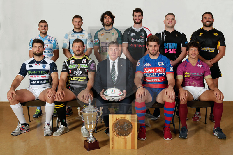 Rugby Eccellenza 2015-2016, Milano, Sede RAI, 6-10-2015, conferenza Stampa di presentazione del Campionato di Eccelenza 2015-2016, i capitani con il Presidente federale Alfredo Gavazzi.