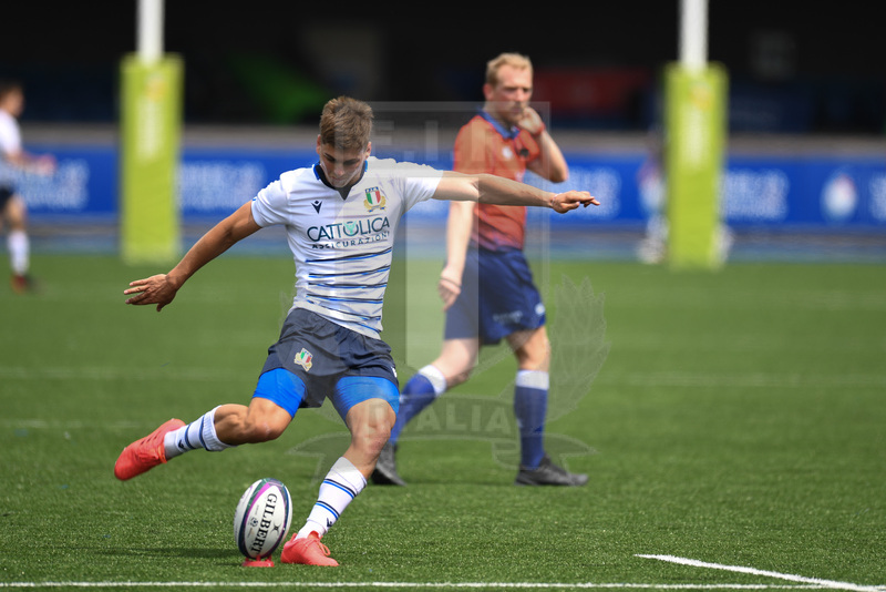 Guinness Sei Nazioni U20 2021, Cardiff, Arms Park 01/07/2021, Italia U20 v Scozia U20, Leonardo Marin al calcio di trasformazione.