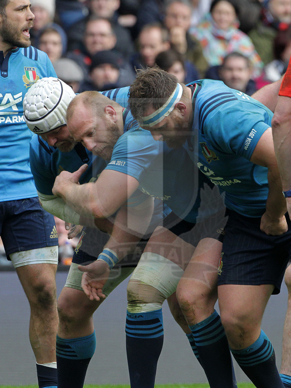 RBS Sei Nazioni 2017, Edimburgo, Murrayfield stadium 18/03/2017, Scozia v Italia, la prima linea azzurra con Chistolini, Ghiraldini e Lovotti. Foto Daniele Resini/Fotosportit