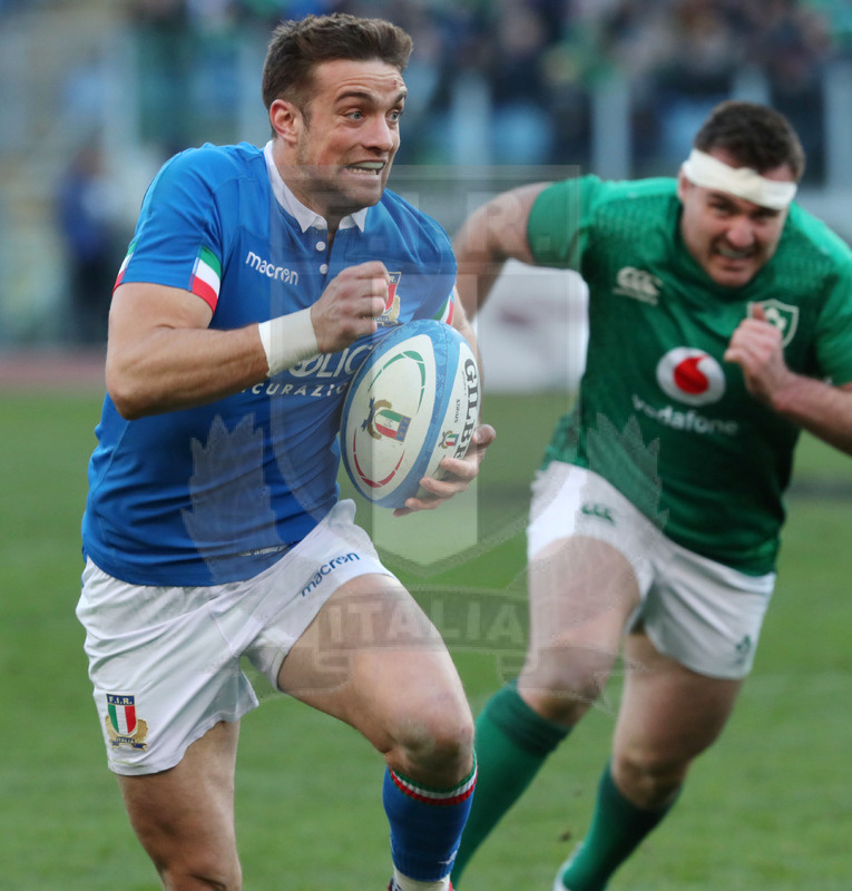Guinness Sei Nazioni 2019, Round 3, Roma, stadio Olimpico 24/02/2019, Italia v Irlanda, break e corsa di Edoardo Padovani.Foto Daniele Resini/Fotosportit