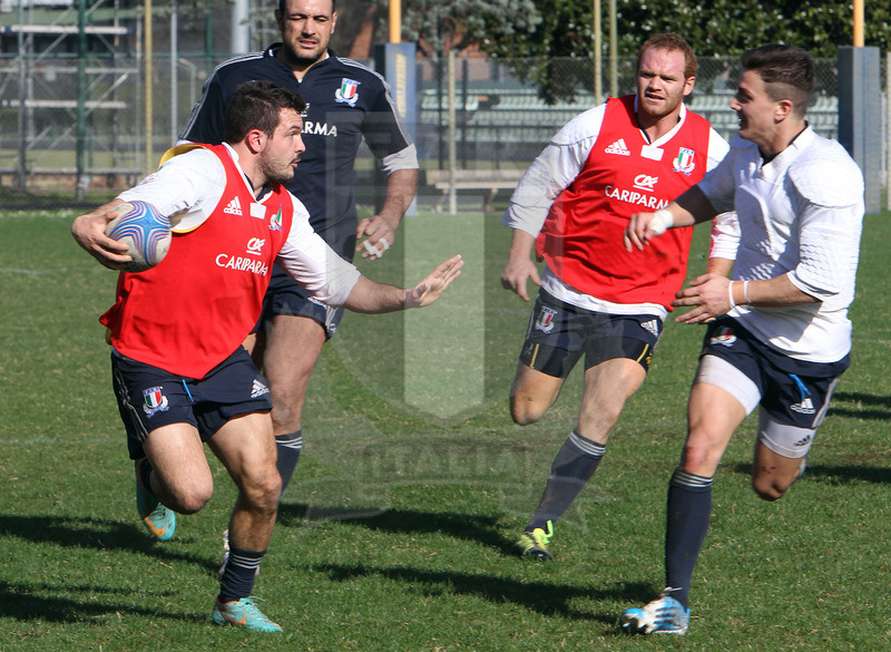 Raduno Sei Nazioni 2014, Roma, impianti Coni, 21/01/2014, allenamento della Nazionale, Guglielmo Palazzani fronteggiato da Iannone.