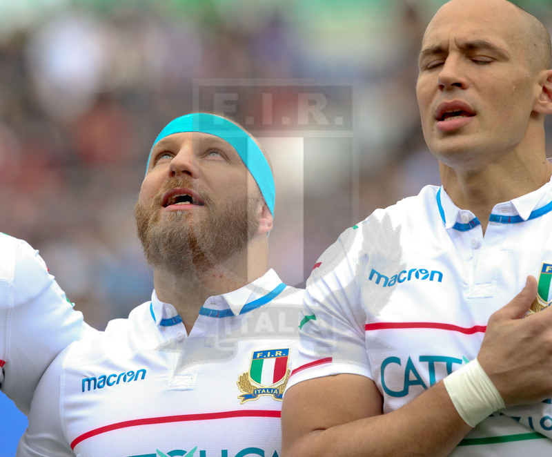 Guinness Sei Nazioni 2019, Round 5, Roma, Stadio Olimpico, 16/03/2019, Italia v Francia. Sergio Parisse e Leonardo Ghiraldini durante la cerimonia degli inni. Foto Roberto Bregani/Fotosportit
