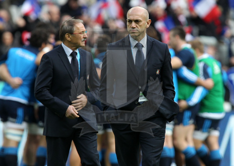 Rbs Sei Nazioni 2016, round 1, Parigi, Stade de France 06/02/2016, Francia v Italia, warm-up, Jacques Brunel e Gino troiani, manager della Nazionale. Foto Daniele Resini/Fotosportit