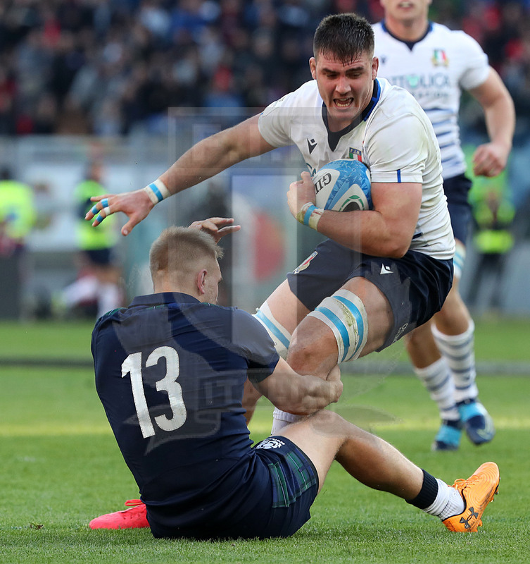 Guinness Sei Nazioni 2020, Round 3, Roma, Stadio Olimpico 22/02/2020, Italia v Scozia, Jake Polledri impatta su Blair Kinghorn. Foto Daniele Resini/Fotosportit.