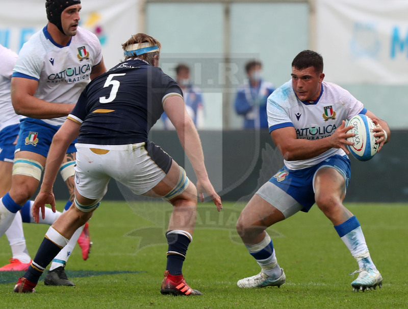 Autumn Nations Cup, Cattolica Test match 2020, Firenze, stadio Lanfranchi 14/11/2020, Italia v Scozia, Danilo Fischetti affrontato da Johnny Gray. Marco Lazzaroni accorre. Foto Daniele Resini/Fotosportit