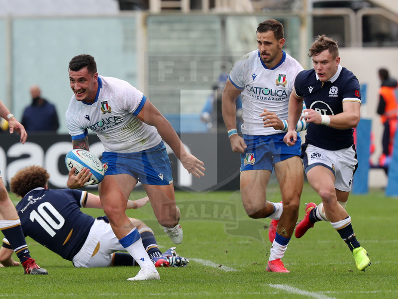 Autumn Nations Cup, Cattolica Test match 2020, Firenze, stadio Lanfranchi 14/11/2020, Italia v Scozia, break di Marco Zanon. Mattia Bellini in sostegno. Foto Daniele Resini/Fotosportit