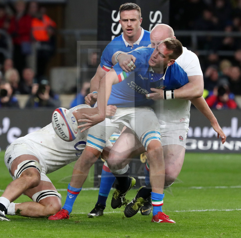 Guinness Sei Nazioni 2019, Round 4, Londra, Twickenham 09/03/2019, Inghilterra v Italia, reverse pass di Federico Ruzza. Foto Daniele Resini/Fotosportit