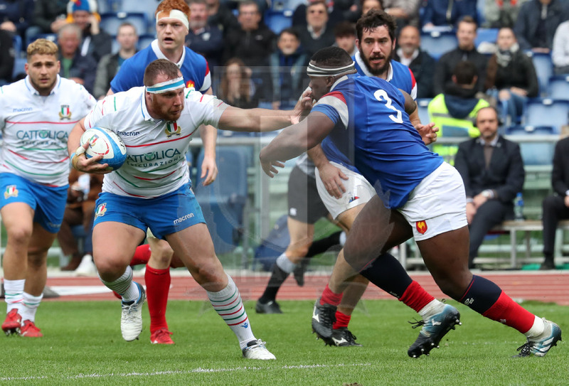Guinness Sei Nazioni 2019, Round 5, Roma, stadio Olimpico 16/03/2019, Italia v Francia, Andrea Lovotti respinge Bamba. Foto Daniele Resini/Fotosportit