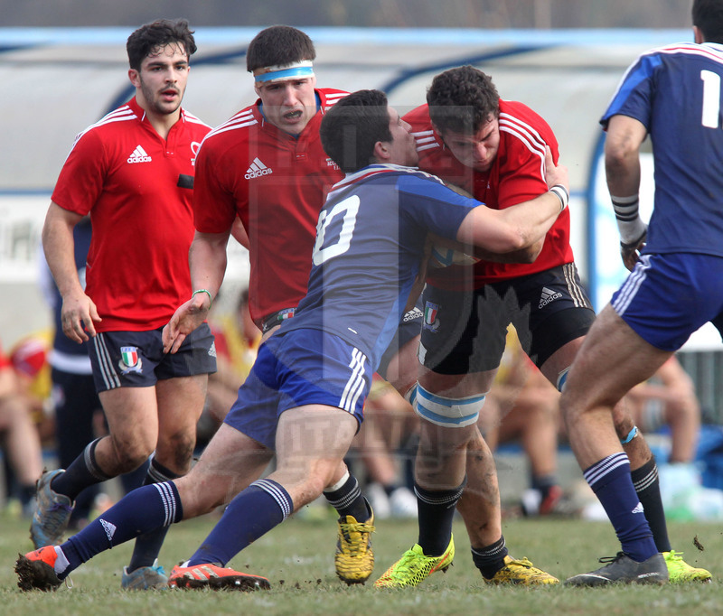 Benevento, 10 gennaio 2014, Nazionale italiana Under 20 v Accademia di Marcoussis, Matteo Cornelli con Zanetti e Petrozzi in sostegno.