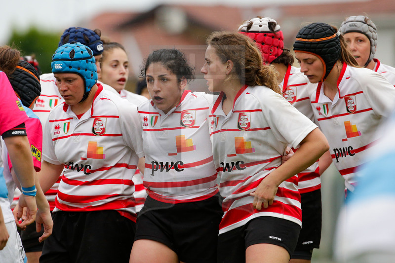 Finale Campionato Serie A Femminile Rugby 2014-2015, Parma, Stadio Lanfranchi, 23-05-2015, Monza Rugby 1949 v Valsugana Rugby Padova. La prima linea del Monza, cecilia Barazzetta, Lucia Cammarano, e Rosa bettolatti. Dietro Martina Elerni. Foto Roberto Bregani.