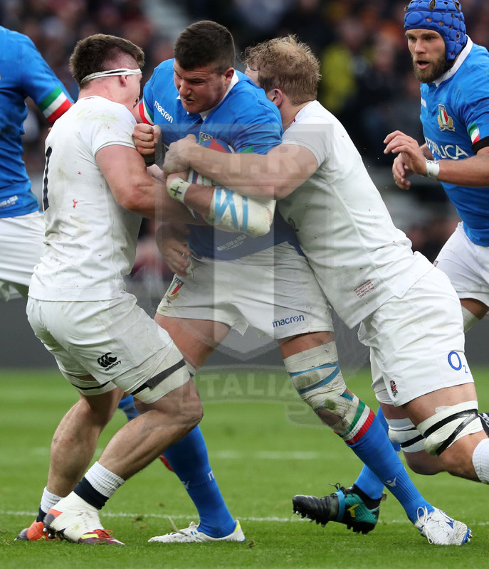 Guinness Sei Nazioni 2019, Round 4, Londra, Twickenham 09/03/2019, Inghilterra v Italia, placcaggio raddoppiato su Sebastian Negri. Foto Daniele Resini/Fotosportit