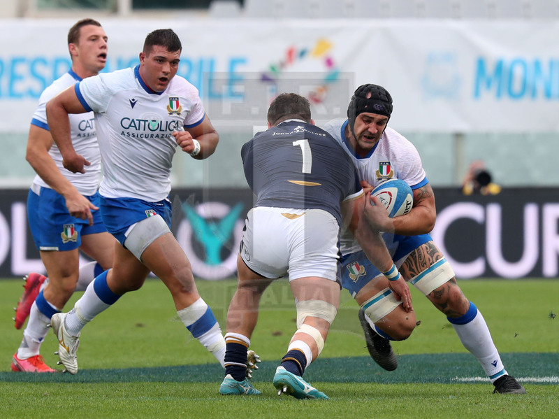 Autumn Nations Cup, Cattolica Test match 2020, Firenze, stadio Lanfranchi 14/11/2020, Italia v Scozia, Marco Lazzaroni impatta su Rory Sutherland. Foto Daniele Resini/Fotosportit