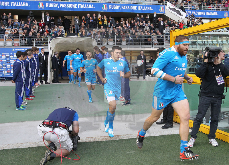 Cariparma test match 2013, Torino, stadio Olimpico, 9 novembre 2013, Italia v Australia, Matias Aguero, Edoardo Gori, Tobias Boter e Robert Barbieri entrano in campo.