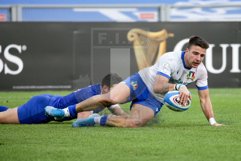Guinness VI Nazioni 2021, Roma, Stadio Olimpico, 6/02/2021, Italia v Francia. La meta di Luca Sperandio. Foto Roberto Bregani/Fotosportit