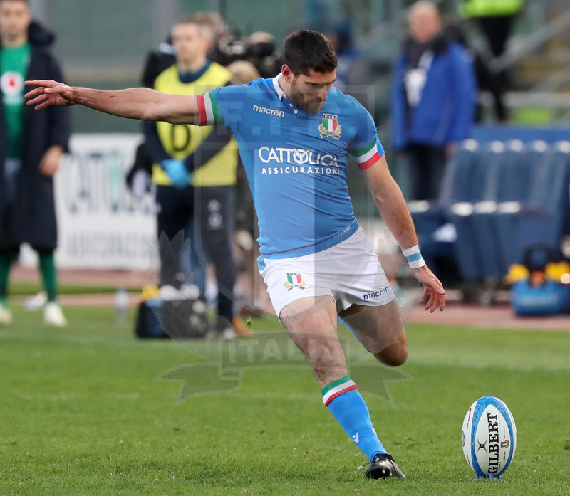 Guinness Sei Nazioni 2019, Round 3, Roma, stadio Olimpico 24/02/2019, Italia v Irlanda, Ian McKinley al piazzato finale. Foto Daniele Resini/Fotosportit