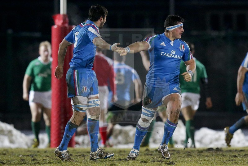 RBS 6 Nazioni U20 2015, Biella, Stadio Pozzo Lamarmora, 6-02-2015, Italia U20 v Irlanda U20 Gi azzurrini festeggiano la prima meta. Foto: Roberto Bregani/Fotosportit.