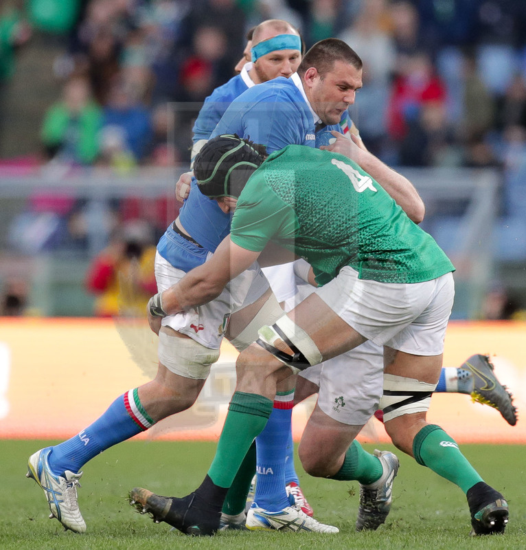 Guinness Sei Nazioni 2019, Round 3, Roma, Stadio Olimpico, 24/02/2019, Italia v Irlanda. Una carica di David Sisi su Ultan Dillane (sin) e Jack McGrath. Foto Roberto Bregani/Fotosportit