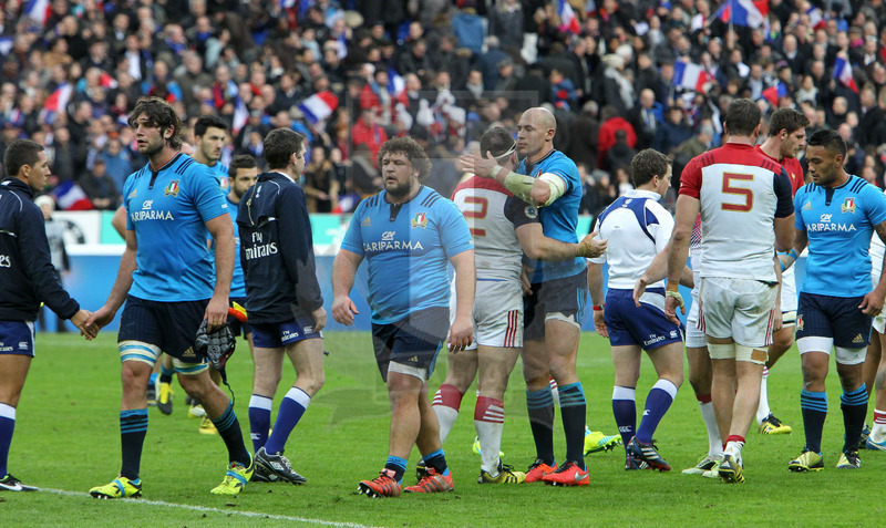 Rbs Sei Nazioni 2016, round 1, Parigi, Stade de France 06/02/2016, Francia v Italia, il saluto delle squadre a fine match. Foto Daniele Resini/Fotosportit
