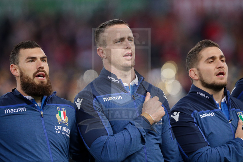 Guinness Sei Nazioni 2016, Round 2, Roma, Stadio Olimpico, 9/02/2019, Italia v Galles. Tziano Pasquali, Abraham Stetn e Jayden Hayward. Foto Roberto Bregani/Fotosportit