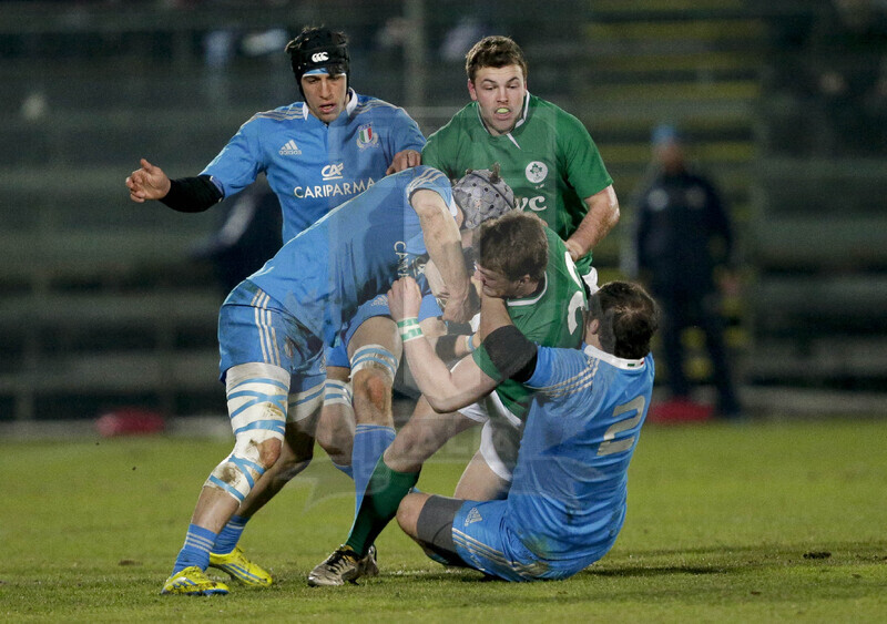 RBS 6 Nazioni U20 2013, Avezzano (AQ), Stadio dei Marsi, 15-03-2013, Italia U20 v Irlanda U20. Aain Moriconi e Michele Campagnaro fermano l\
