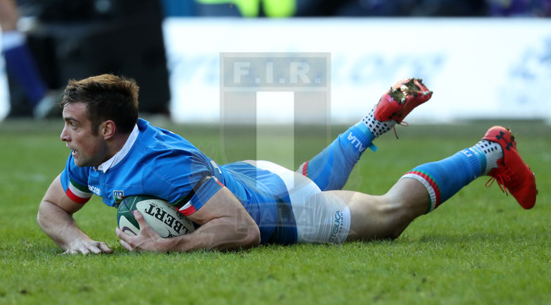 Guinness Sei Nazioni 2019, Round 1, Edimburgo, Murrayfield 02/02/2019, Scozia v Italia, la meta di Edoardo Padovani. Foto Daniele Resini/Fotosportit