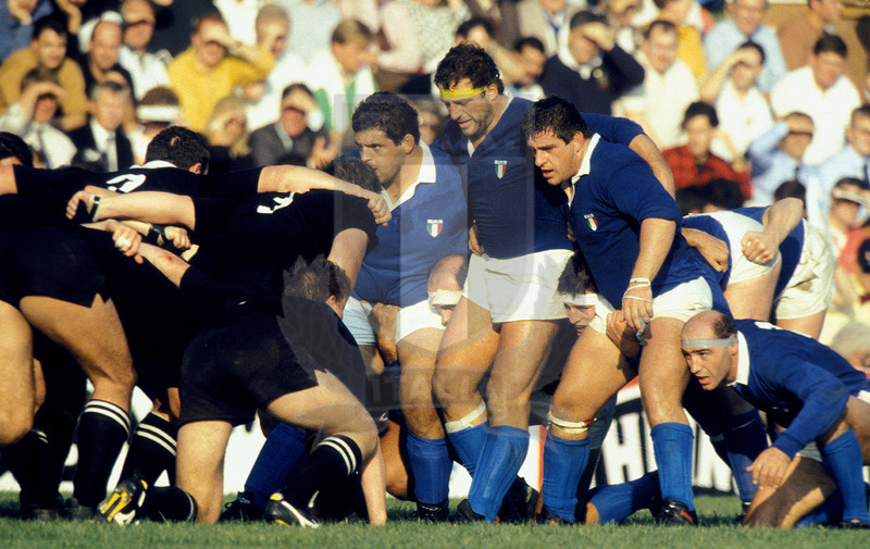 Rugby World Cup 1991, Pool 1, Leicester, Welfor Road 1310/1991, Italia v Nuova Zelanda, la prima linea azzurra: Cuttitta, Pivetta, Grespan. Foto Daniele Resini/Fotosportit