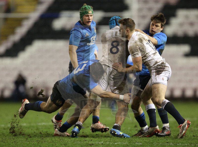 RBS Sei Nazioni 2017, Darlington, Northern Echo Arena 24/02/2017, Inghilterra U20 v Italia U20,Massimo CECILIANI e Ludovico VACCARI placcano Zach Mercer