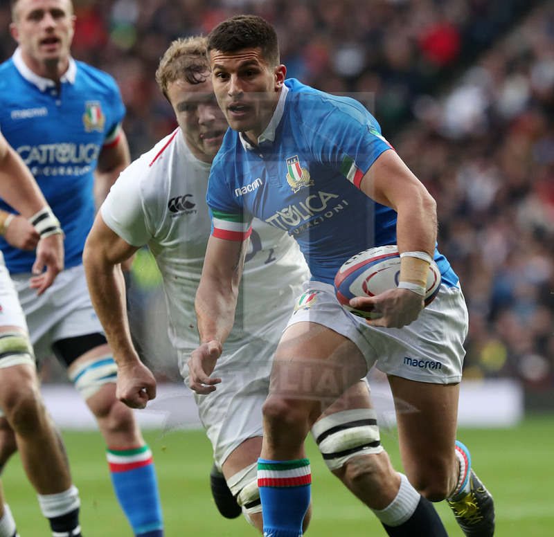 Guinness Sei Nazioni 2019, Round 4, Londra, Twickenham 09/03/2019, Inghilterra v Italia,il break di Tommaso Allan verso la meta. Foto Daniele Resini/Fotosportit