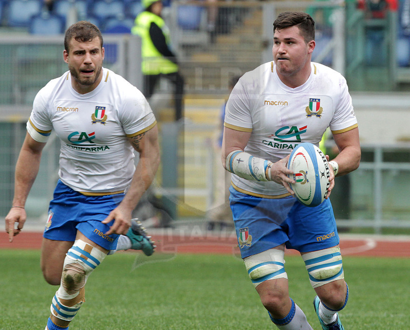 Natwest Sei Nazioni 2018, round 5, Roma stadio Olimpico 17/03/2018, Italia v Scozia, Sebastian Negri con Castello in sostegno. Foto Daniele Resini/Fotosportit