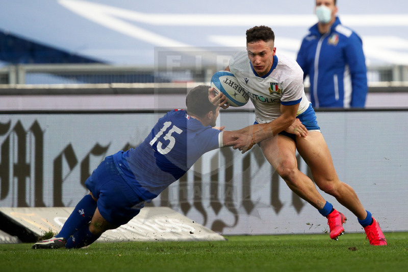 Guinness VI Nazioni 2021, Roma, Stadio Olimpico, 6/02/2021, Italia v Francia. Luca Sperandio contro Brice Dulin. Foto Roberto Bregani/Fotosportit