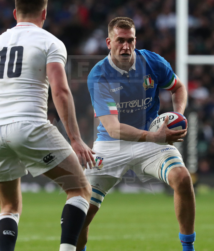Guinness Sei Nazioni 2019, Round 4, Londra, Twickenham 09/03/2019, Inghilterra v Italia, Federico Ruzza fronteggiato da Farrell. Foto Daniele Resini/Fotosportit