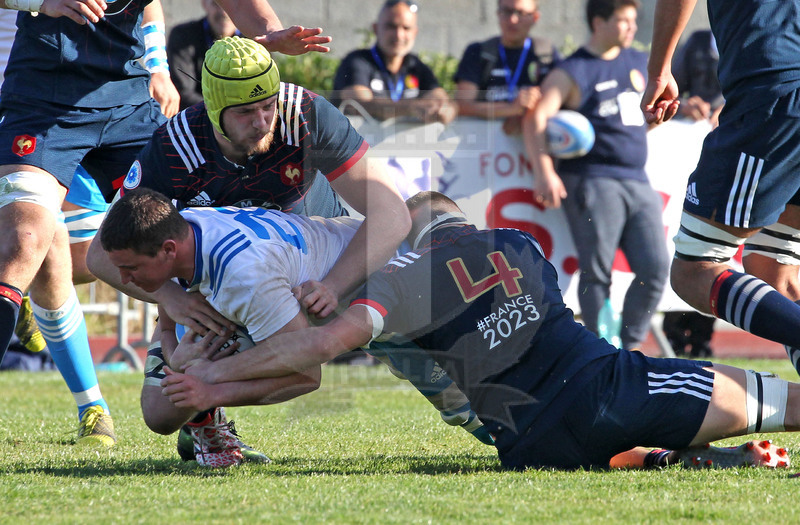 RBS Sei Nazioni 2017, Capoterra (Cagliari), stadio Santa Rosa 10/03/2017, Italia U20 v Francia U20,Michele Lamaro portato a terra. Foto Daniele Resini/Fotosportit.