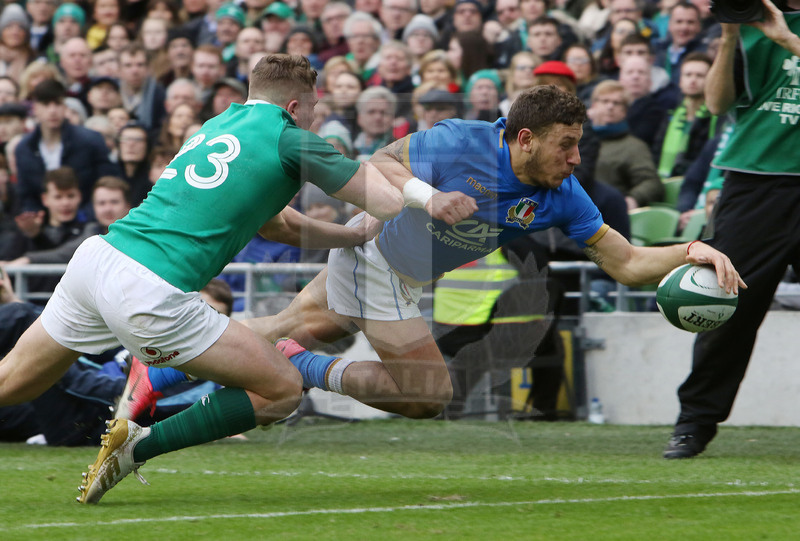 Natwest Sei Nazioni 2018, round 2, Dublino, Aviva Stadium 10/02/2018, Irlanda v Italia, la meta di Matteo Minozzi. Foto Daniele Resini/Fotosportit